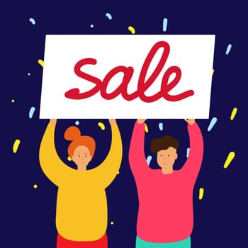 Smiling girl and boy stand and hold Sale banner, Hands up, place for your text. Vector illustration in bright Pink, Yellow colors. Web banner Template Ad Poster Greeting card. Easy editable objects