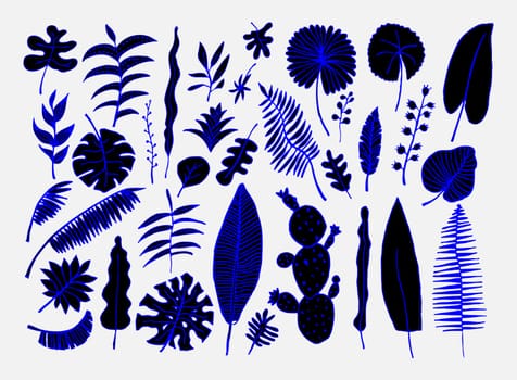 Vector set of bright tropical plants. Colorful hand-drawn Leaves, Inflorescences, Flowers. Blue Black colors