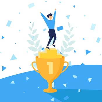 Winner, number one vector illustration. Happy man stand on the podium first place. Best score, prize olive branch and confetti. Colorful simple Poster brochure template. Blue Gold colors