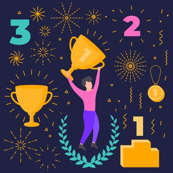 Winner objects set. Number one. Vector colorful flat collection of additional elements abstract modern geometric attributes, shapes for illustration design composition. First, second, third place