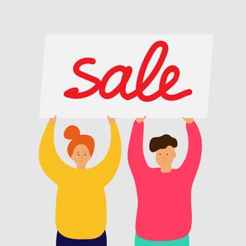 Smiling girl and boy stand and hold Sale banner, Hands up, place for your text. Vector illustration in bright Pink, Yellow colors. Web banner Template Ad Poster Greeting card. Easy editable objects