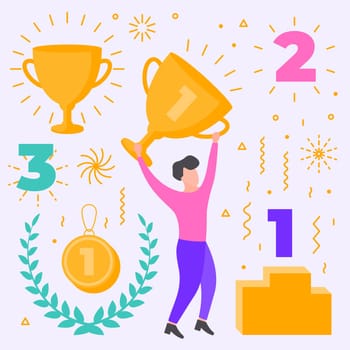 Winner objects set. Number one. Vector colorful flat collection of additional elements abstract modern geometric attributes, shapes for illustration design composition. First, second, third place