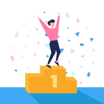Winner, number one vector illustration. Happy man stand on the podium first place. Best score, prize, confetti. Colorful simple Poster brochure template. Blue Pink Gold colors