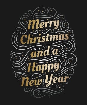 Merry Christmas and a Happy New Year hand drawn lettering inscription with abstract curls, dots for winter holiday design, calligraphy vector illustration