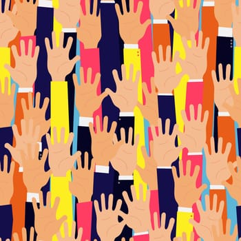 Concept of raised up hands. Seamless background of conference, education event. Business attire, jackets