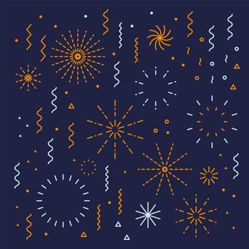 Fireworks lineal easy editable set with petard, stars. Festival vector holiday design shapes colorful collection