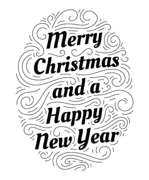 Merry Christmas and a Happy New Year hand drawn lettering inscription with abstract curls, dots for winter holiday design, calligraphy vector illustration
