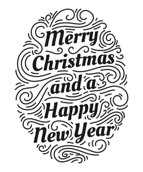 Merry Christmas and a Happy New Year hand drawn lettering inscription with abstract curls, dots for winter holiday design, calligraphy vector illustration
