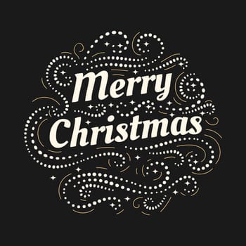 Merry Christmas and a Happy New Year hand drawn lettering inscription with abstract curls, dots for winter holiday design, calligraphy vector illustration
