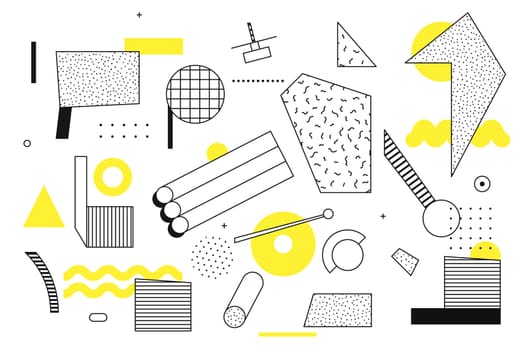 Universal trend halftone geometric shapes set juxtaposed with bright bold yellow elements composition. Design elements for Magazine, leaflet, billboard, sale