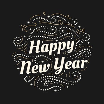 Merry Christmas and a Happy New Year hand drawn lettering inscription with abstract curls, dots for winter holiday design, calligraphy vector illustration