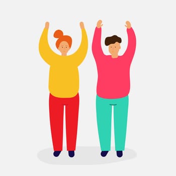 Smiling two persons girl and boy Vector illustration in bright Pink, Yellow colors. Web banner Template Ad Poster Greeting card. Easy editable objects. Hands up, place for your text