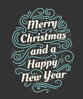 Merry Christmas and a Happy New Year hand drawn lettering inscription with abstract curls, dots for winter holiday design, calligraphy vector illustration