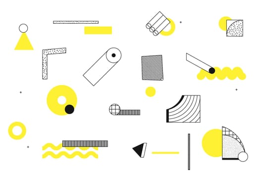Universal trend halftone geometric shapes set juxtaposed with bright bold yellow elements composition. Design elements for Magazine, leaflet, billboard, sale