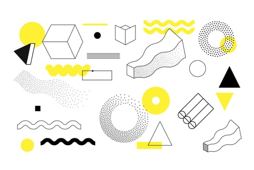 Universal trend halftone geometric shapes set juxtaposed with bright bold yellow elements composition. Design elements for Magazine, leaflet, billboard, sale