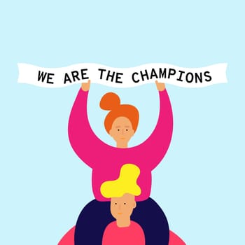 Smiling girl sits on shoulders of guy and holds in hands a ribbon. Text We are the champions. Football chant. Vector Web banner Ad Poster Greeting card with easy editable shapes objects