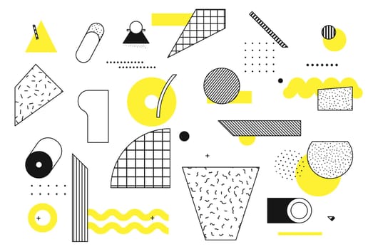 Universal trend halftone geometric shapes set juxtaposed with bright bold yellow elements composition. Design elements for Magazine, leaflet, billboard, sale