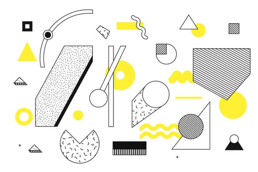 Universal trend halftone geometric shapes set juxtaposed with bright bold yellow elements composition. Design elements for Magazine, leaflet, billboard, sale