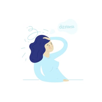 Sick stressed dizzy person touches her forehead and is dizzy. Vector hand drawn illustration. Man suffering from vertigo, dizziness, headache pain portrait