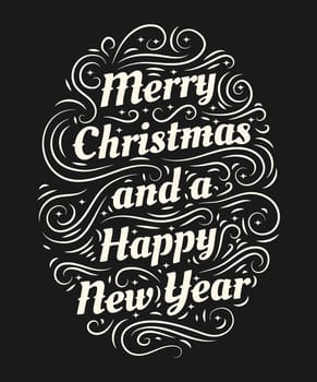 Merry Christmas and a Happy New Year hand drawn lettering inscription with abstract curls, dots for winter holiday design, calligraphy vector illustration