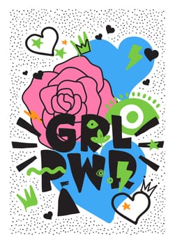 GRL PWR short quote. Girl Power cute hand drawing illustration for print, brochure, greeting card, bag, clothing. To stick on laptop, phone, wall. Modern motivational text, feminist tattoo trend