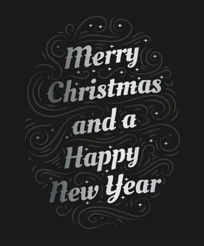 Merry Christmas and a Happy New Year hand drawn lettering inscription with abstract curls, dots for winter holiday design, calligraphy vector illustration