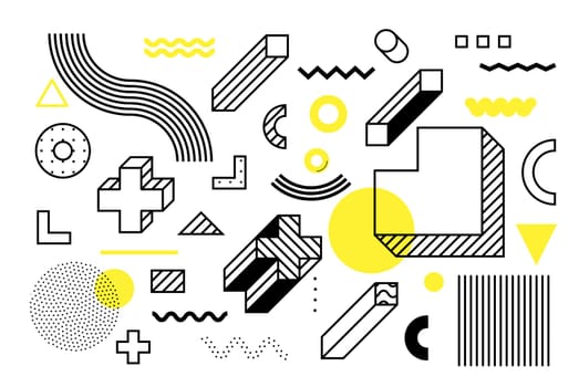 Universal trend halftone geometric shapes set juxtaposed with bright bold yellow elements composition. Design elements for Magazine, leaflet, billboard, sale