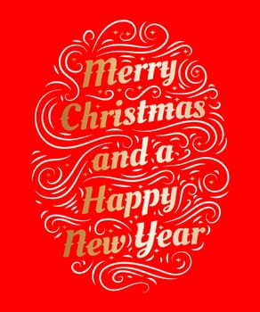 Merry Christmas and a Happy New Year hand drawn lettering inscription with abstract curls, dots for winter holiday design, calligraphy vector illustration