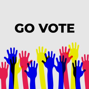 Go vote. The power is in your hands. Social motivational poster template. Up hands vector flat illustration concept. Election campaign Flyer Leaflet Social ad. Teamwork, collaboration, voting, concert