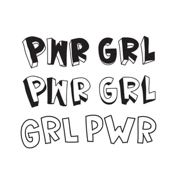 GRL PWR short quote. Girl Power cute hand drawing illustration for print, brochure, greeting card, bag, clothing. To stick on laptop, phone, wall. Modern motivational text, feminist tattoo trend