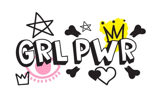 GRL PWR short quote. Girl Power cute hand drawing illustration for print, brochure, greeting card, bag, clothing. To stick on laptop, phone, wall. Modern motivational text, feminist tattoo trend