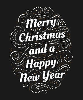Merry Christmas and a Happy New Year hand drawn lettering inscription with abstract curls, dots for winter holiday design, calligraphy vector illustration