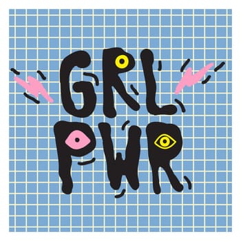 GRL PWR short quote. Girl Power cute hand drawing illustration for print, brochure, greeting card, bag, clothing. To stick on laptop, phone, wall. Modern motivational text, feminist tattoo trend
