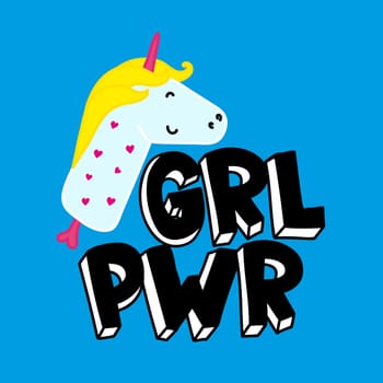 GRL PWR short quote. Girl Power cute hand drawing illustration for print, brochure, greeting card, bag, clothing. To stick on laptop, phone, wall. Modern motivational text, feminist tattoo trend