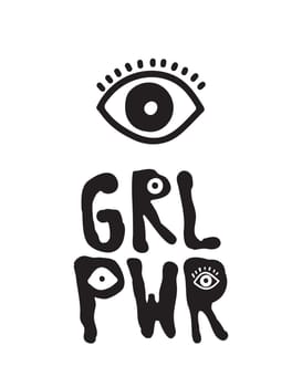 GRL PWR short quote. Girl Power cute hand drawing illustration for print, brochure, greeting card, bag, clothing. To stick on laptop, phone, wall. Modern motivational text, feminist tattoo trend