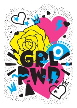 GRL PWR short quote. Girl Power cute hand drawing illustration for print, brochure, greeting card, bag, clothing. To stick on laptop, phone, wall. Modern motivational text, feminist tattoo trend