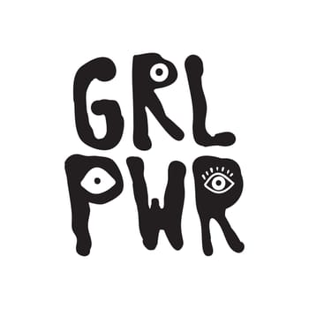 GRL PWR short quote. Girl Power cute hand drawing illustration for print, brochure, greeting card, bag, clothing. To stick on laptop, phone, wall. Modern motivational text, feminist tattoo trend