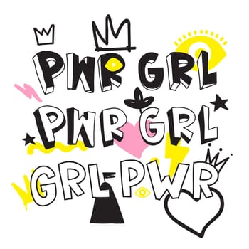 GRL PWR short quote. Girl Power cute hand drawing illustration for print, brochure, greeting card, bag, clothing. To stick on laptop, phone, wall. Modern motivational text, feminist tattoo trend