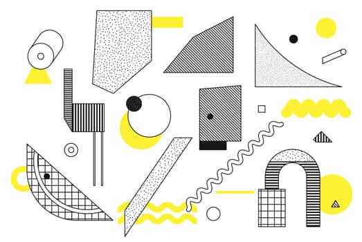 Universal trend halftone geometric shapes set juxtaposed with bright bold yellow elements composition. Design elements for Magazine, leaflet, billboard, sale