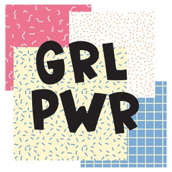 GRL PWR short quote. Girl Power cute hand drawing illustration for print, brochure, greeting card, bag, clothing. To stick on laptop, phone, wall. Modern motivational text, feminist tattoo trend