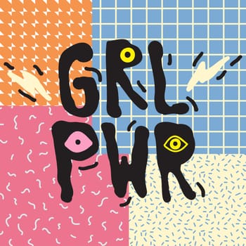 GRL PWR short quote. Girl Power cute hand drawing illustration for print, brochure, greeting card, bag, clothing. To stick on laptop, phone, wall. Modern motivational text, feminist tattoo trend