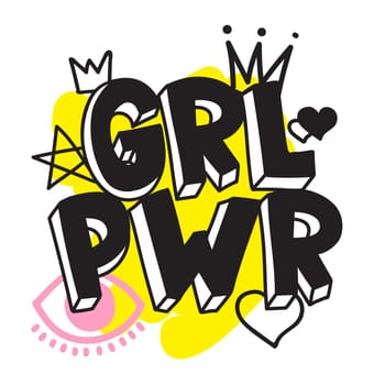 GRL PWR short quote. Girl Power cute hand drawing illustration for print, brochure, greeting card, bag, clothing. To stick on laptop, phone, wall. Modern motivational text, feminist tattoo trend