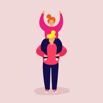 Smiling girl sits on shoulders of guy and hands up. Happy friendship day. Vector illustration in bright Pink colors. Web Banner Ad Poster Welcome Greeting card. Easy editable shapes objects
