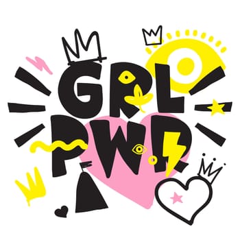 GRL PWR short quote. Girl Power cute hand drawing illustration for print, brochure, greeting card, bag, clothing. To stick on laptop, phone, wall. Modern motivational text, feminist tattoo trend