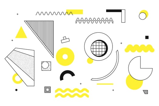 Universal trend halftone geometric shapes set juxtaposed with bright bold yellow elements composition. Design elements for Magazine, leaflet, billboard, sale