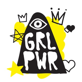 GRL PWR short quote. Girl Power cute hand drawing illustration for print, brochure, greeting card, bag, clothing. To stick on laptop, phone, wall. Modern motivational text, feminist tattoo trend