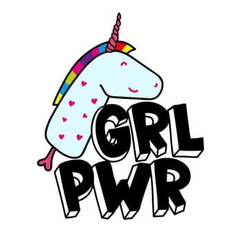 GRL PWR short quote. Girl Power cute hand drawing illustration for print, brochure, greeting card, bag, clothing. To stick on laptop, phone, wall. Modern motivational text, feminist tattoo trend
