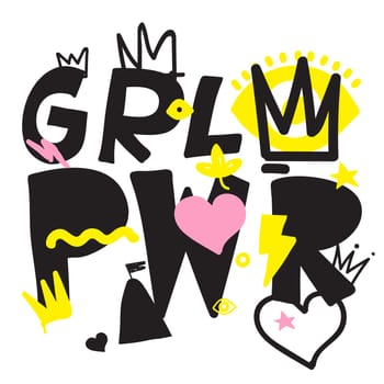 GRL PWR short quote. Girl Power cute hand drawing illustration for print, brochure, greeting card, bag, clothing. To stick on laptop, phone, wall. Modern motivational text, feminist tattoo trend