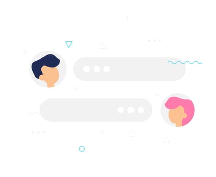 New Chat messages notification on white backdrop. Flat design illustration vector bubbles, geometric elements on screen, person chatting, online support, Internet virtual assistant concept