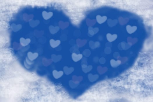 Abstract festive blur bright blue pastel background with light blue hearts inside love bokeh for wedding card or Valentine‘s day.  Romantic textured backdrop with space for your design. Card concept.